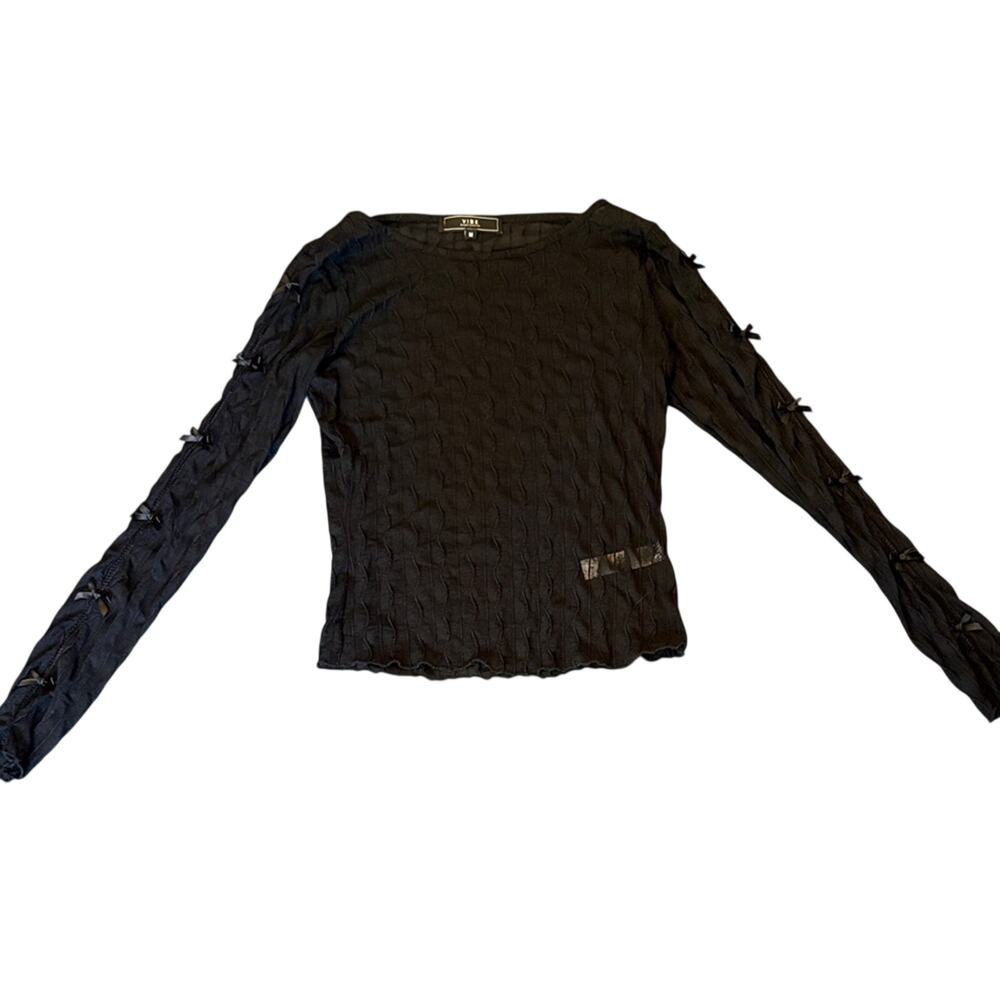 Vibe Black Textured Long Sleeve Blouse Medium